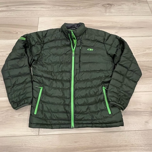 Outdoor Research Transcendent Down Mens XL Full Zip Puffer Jacket Hunter Green